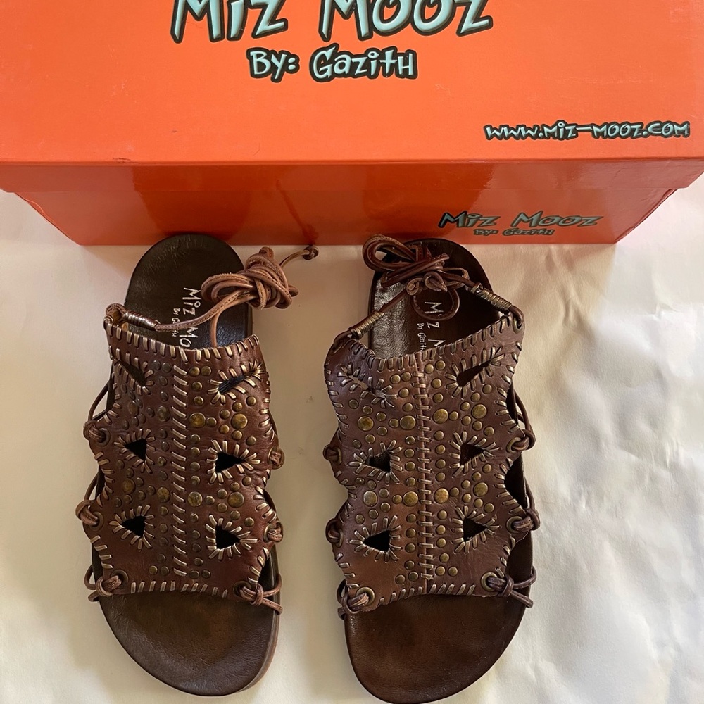 Miz Mooz Brown Studded Cutout Leather Sandals with Lacing